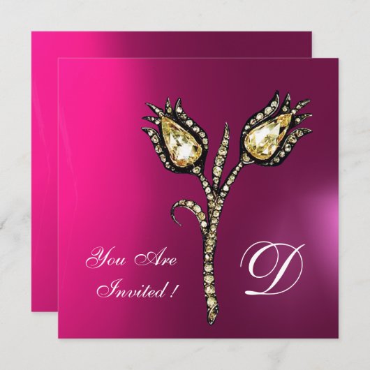 DIAMONOND TULIPS MONOGRAMM, Pink Fuchsia Lila Einladung (Vorne/Hinten)