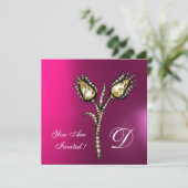 DIAMONOND TULIPS MONOGRAMM, Pink Fuchsia Lila Einladung (Stehend Vorderseite)