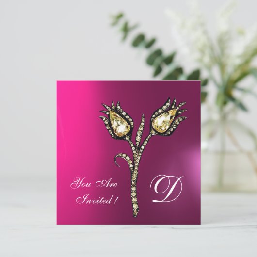 DIAMONOND TULIPS MONOGRAMM, Pink Fuchsia Lila Einladung (Stehend Vorderseite)