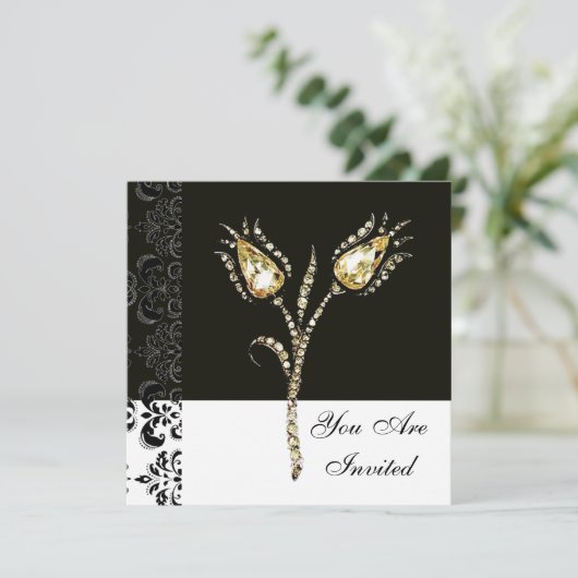 DIAMONOND TULIPS , Schwarz-Weiß-Damaskus Einladung (Stehend Vorderseite)