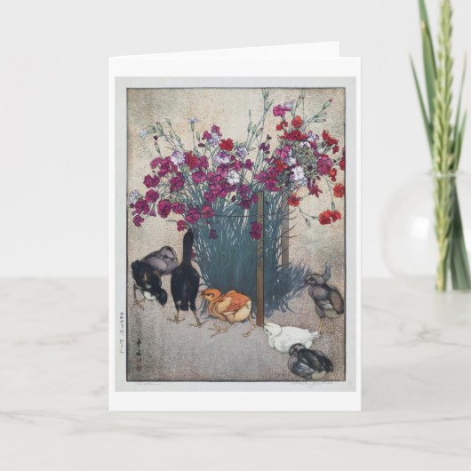 Dianthus & Chicks, Hiroshi Yoshida, Woodcut Karte (Vorderseite)