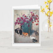 Dianthus & Chicks, Hiroshi Yoshida, Woodcut Karte (Gelbe Blume)