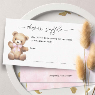 Diaper Raffle Baby Girl Dusche Teddy Bär Thema Begleitkarte