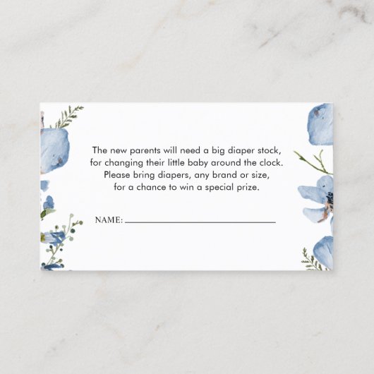 Diaper Raffle Blue Botanic Floral Enclosure Card Visitenkarte (Rückseite)