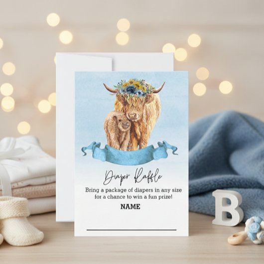 Diaper Raffle Blue Boy Highland Cow Baby Dusche Einladung