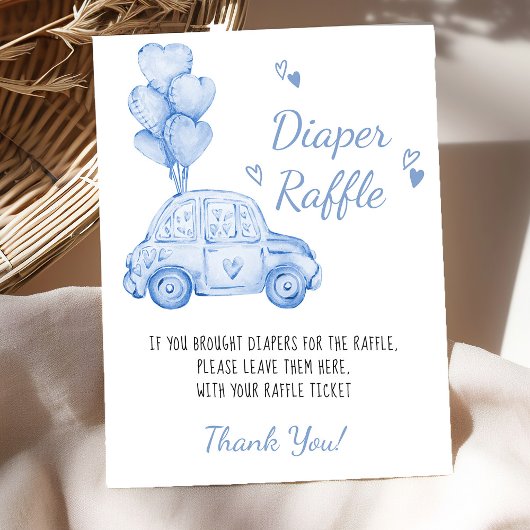 Diaper Raffle Blue Car Balloons Baby Showspiel Poster