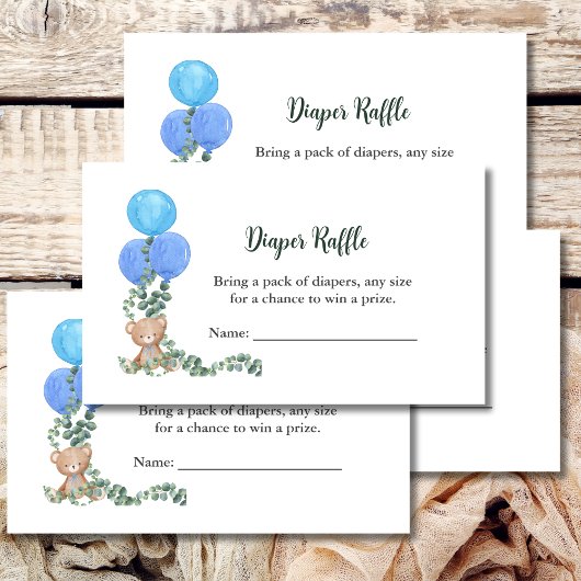 Diaper Raffle Game Bear Blue Ballon Eukalyptus Begleitkarte