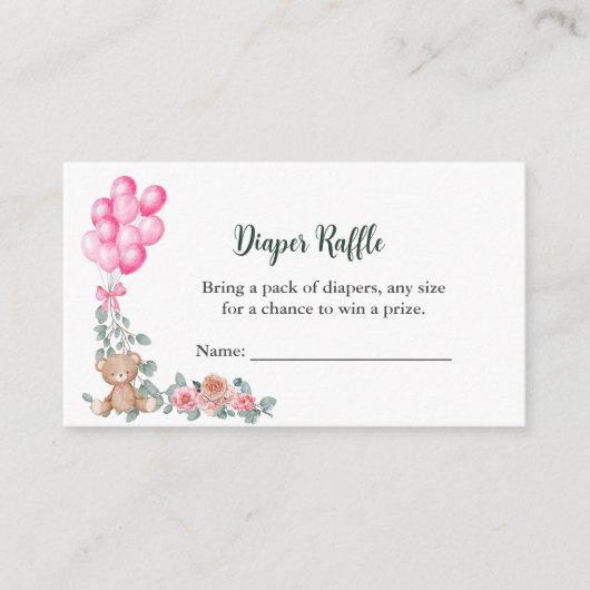 Diaper Raffle Oh Baby Girl Pink Ballon Eukalyptus Begleitkarte (Vorderseite)