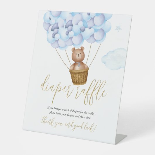Diaper Raffle Teddy Bear Blue Balloons Babydusche Sockelschild (Vorderseite)