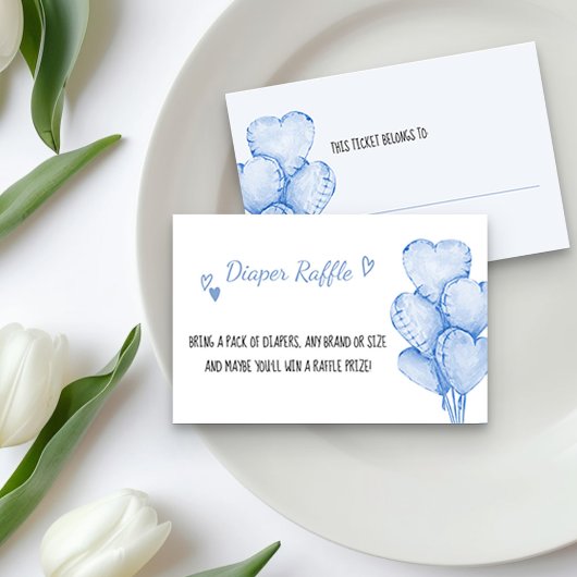 Diaper Raffle Ticket mit Blue Heart Balloons Begleitkarte