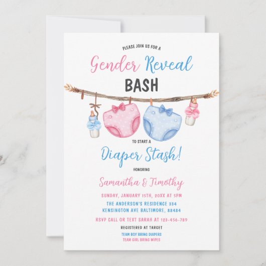 Diaper Stash Clothesline Er oder sie Geschlecht ze Einladung (Vorderseite)