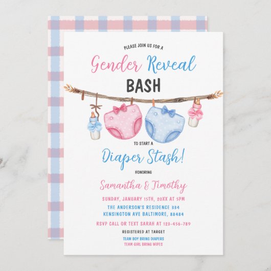 Diaper Stash Clothesline Er oder sie Geschlecht ze Einladung (Vorne/Hinten)