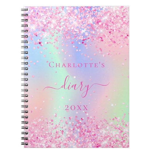 Diary pink Glitzer holografischer Einhornname Notizblock (Vorderseite)