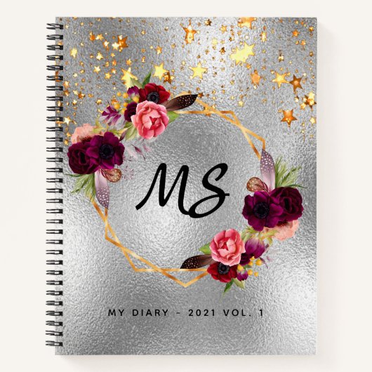 Diary silber floral burgundy monogram notizblock (Vorderseite)