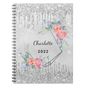 Diary silver floral glitter blush pink name notizblock
