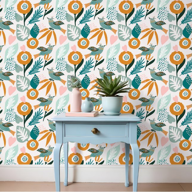 Dicke Abstrakte tropische Vögel und florales Muste Tapete (Bold Abstract Tropical Birds & Floral Pattern Wallpaper)