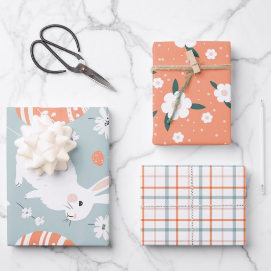 Dicke Aquamarin & Orange Osterhase Set 3 Geschenkpapier Set (Vorderseite)