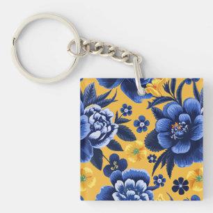Dicke Blau und Gelbe Blüte auf gelbem Hintergrund Schlüsselanhänger