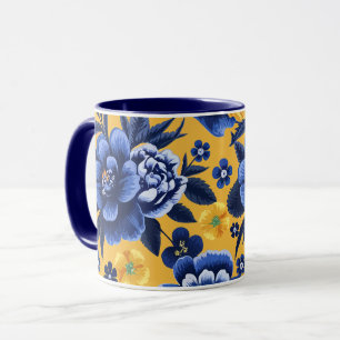 Dicke Blau und Gelbe Blüte auf gelbem Hintergrund Tasse