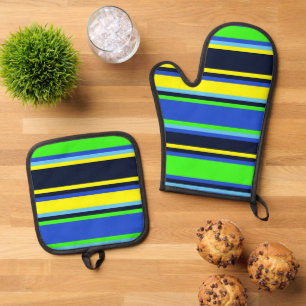 Dicke blaue, Limone und gelbe Streifen Ofen-Mitt-S Ofenhandschuh & Topflappen-Set