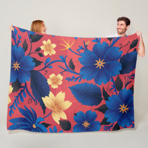 Dicke blaue und gelbe Blüte auf rotem Hintergrund Fleecedecke