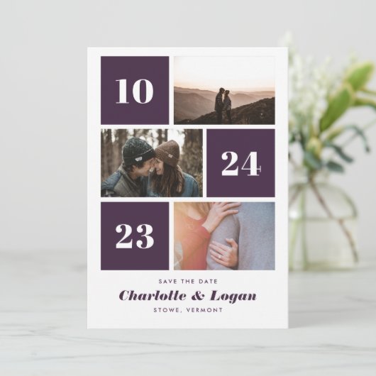 Dicke Blöcke Plum Drei Foto Save The Date (Stehend Vorderseite)