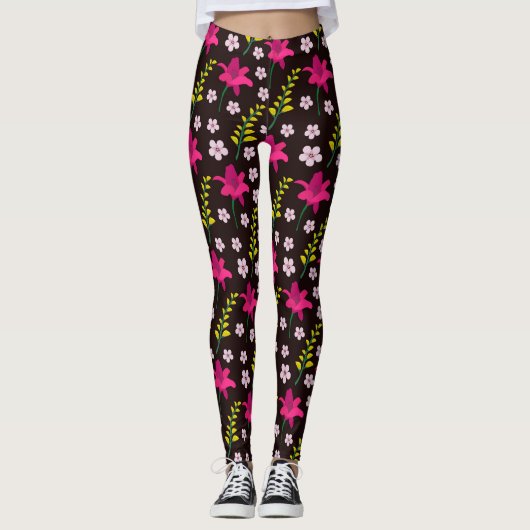 Dicke Blumenmuster auf schwarzem Hintergrund Leggings (Vorderseite)