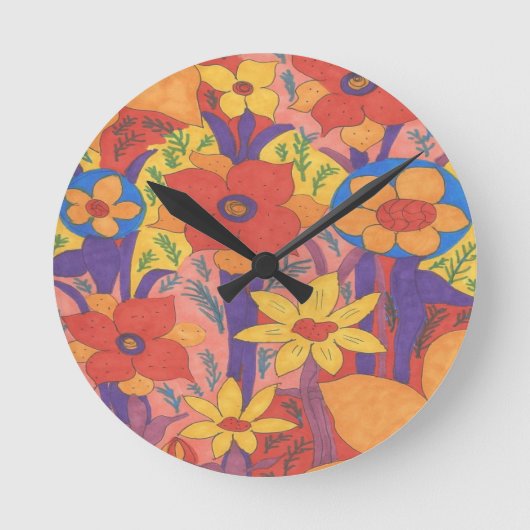 Dicke Bohemische Orange Garden Print Runde Wanduhr (Vorderseite)