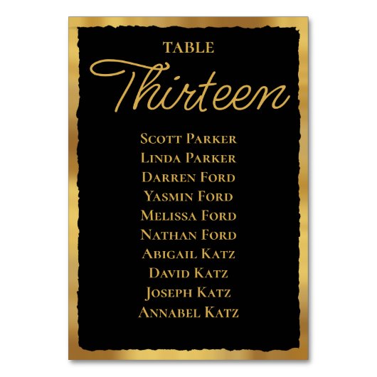Dicke, elegante schwarze Gold Edge Seating Chart Tischnummer (Vorderseite)