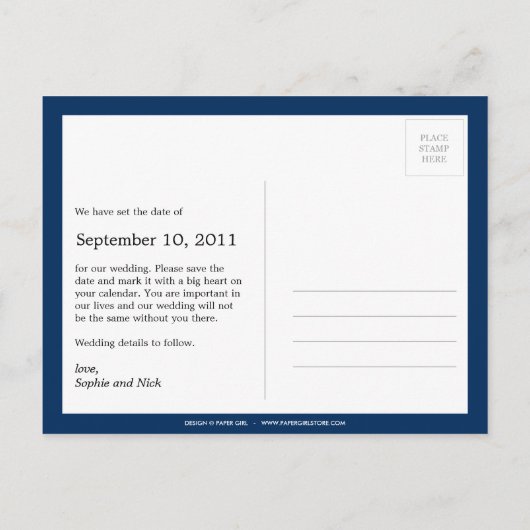 Dicke Erinnerung Save the Date Postkarte (Marine) (Rückseite)