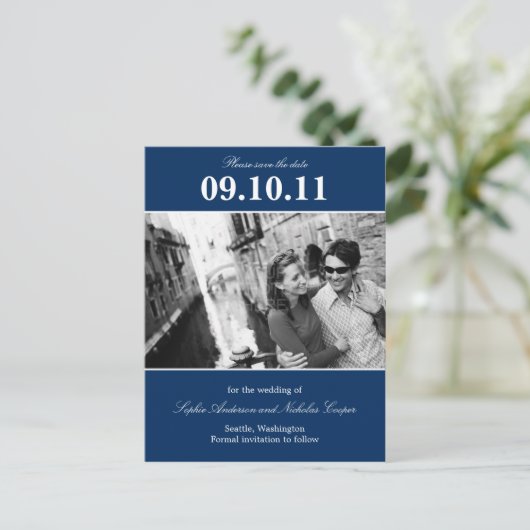 Dicke Erinnerung Save the Date Postkarte (Marine) (Stehend Vorderseite)