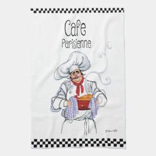 Dicke französische Küchenchef-Karikatur Schwarz-We Geschirrtuch
