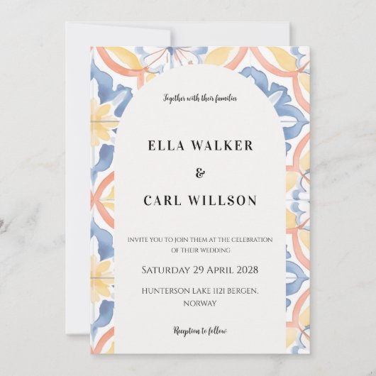 Dicke gelbe blaue Orangenröhre Italienische Hochze Einladung (Vorderseite)