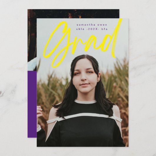 Dicke gelbe Lila Brush Grad Moderne Foto Schule Ankündigung (Vorne/Hinten)