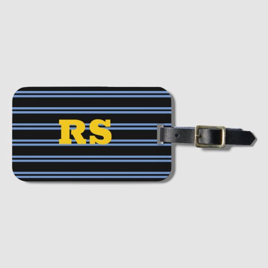 Dicke Goldmonogramm, Name, blaue Linien auf schwar Gepäckanhänger (Vorderseite (Horizontal))