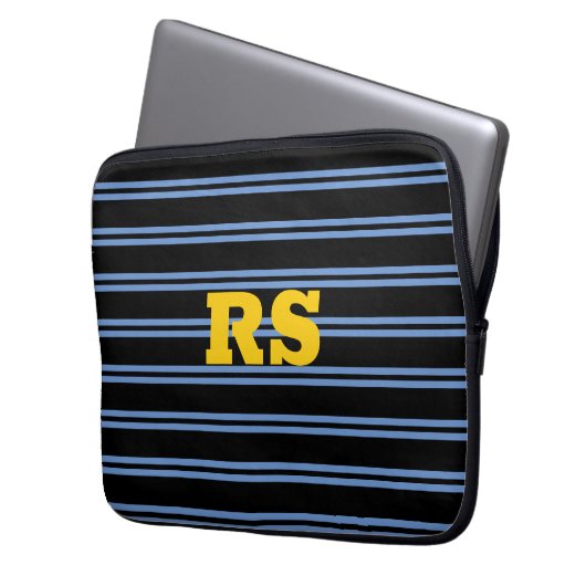 Dicke Goldmonogramm, Name, blaue Linien auf schwar Laptopschutzhülle (Vorderseite Links)