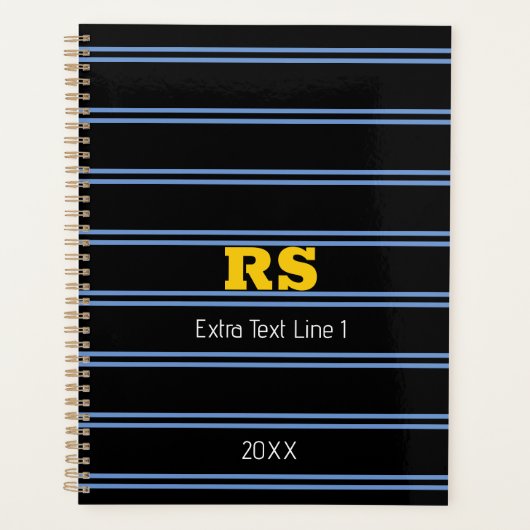 Dicke Goldmonogramm, Name, blaue Linien auf schwar Planer (Vorderseite)