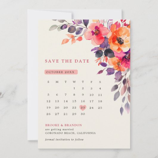 Dicke, hellrosa Orangefarbene Blumenzehen Save The Date (Vorderseite)
