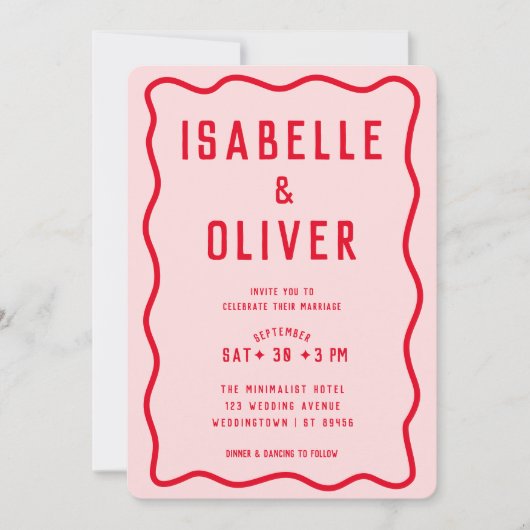Dicke, hellrosa Rot Squiggle Wavy Retro Hochzeit Einladung (Vorderseite)