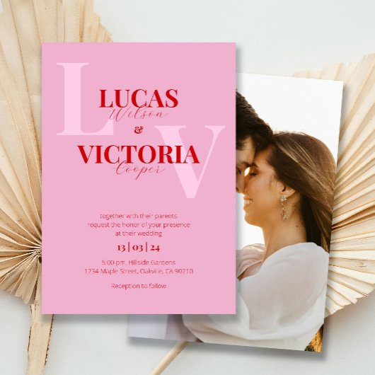 Dicke, hellrosa und rotes Foto Hochzeit Einladung