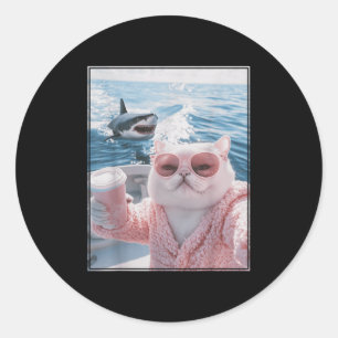 Dicke Katze auf einer Jacht mit Hai Cool Lustige K Runder Aufkleber