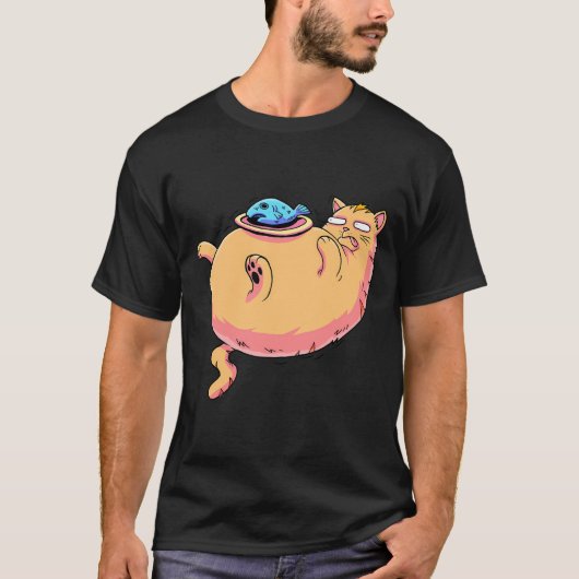Dicke Katze mit Fisch T-Shirt (Vorderseite)