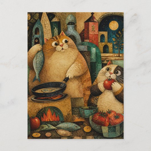 Dicke Katzen kochen Abendessen Postkarte (Vorderseite)