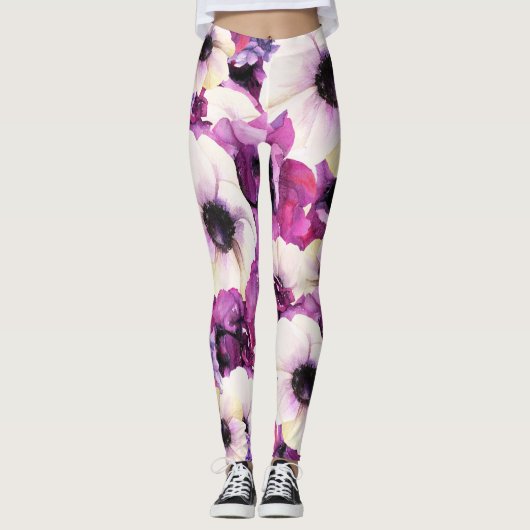 Dicke Lila Aquarellblütenmode Leggings (Vorderseite)