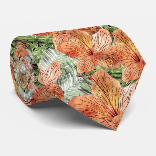 Dicke Mandarine Tropical Floral Wasserfarbe Grafik Krawatte (Gerollt)