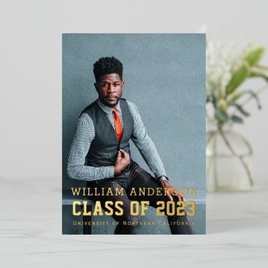 Dicke Minimalistische Foto Navy Blue Graduation Pa Folieneinladung (Stehend vorne)