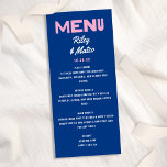 Dicke moderne Art Funky farbenfrohe blaue rosa Hoc Menükarte<br><div class="desc">*ALLE Farben dieses Designs sind anpassbar! Diese moderne und lustige Hochzeitskarte bietet einen kobaltblauen Hintergrund,  rosa "Menu" und Retro-Typografie. Dieses Design macht eine lustige und farbenfrohe Aussage für eine moderne Hochzeit!</div>