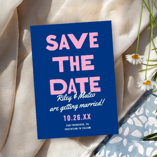 Dicke moderne Art Funky farbenfrohe blaue rosa Hoc Save The Date