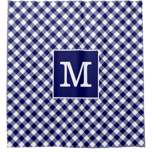 Dicke monogram Navy Blue und White Gingham Pattern Duschvorhang (Vorderseite)