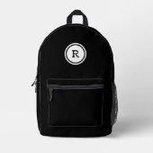 Dicke Monogramm im weißen Kreis auf schwarz Bedruckter Rucksack (Vorderseite)